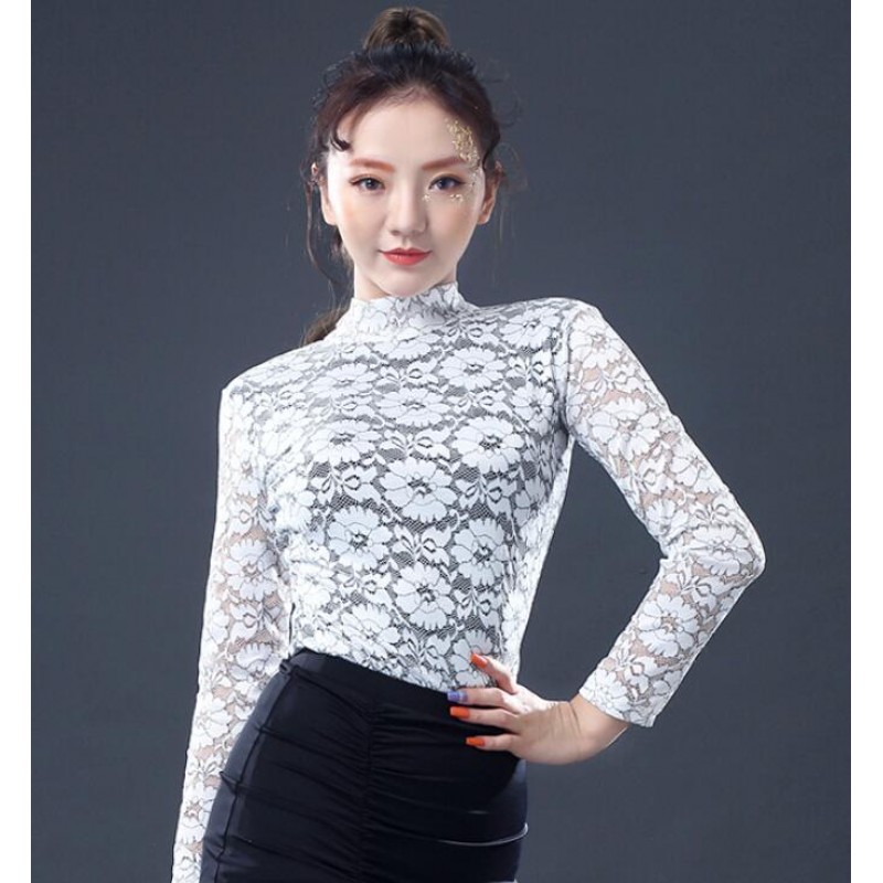 White flowers lace long sleeves fashion women's girl's female competition modern ballroom tango waltz latin dance tops