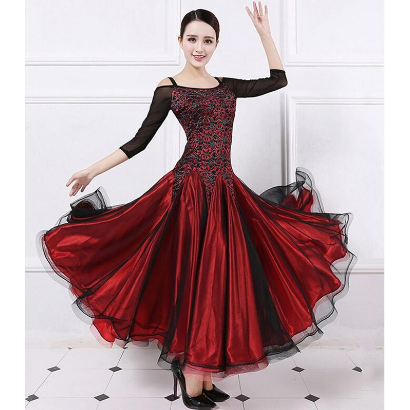 Wine royal blue lace long sleeves Ballroom Competition Dress For Women ...