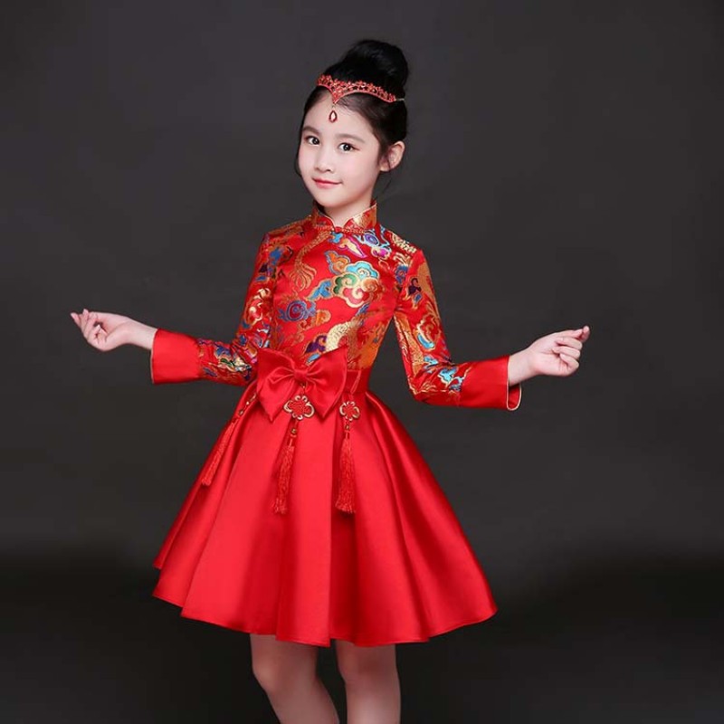 China Qing Dynasty Girl Princess Clothing Ancient Children Costumes  Traditional Stage Show Pink Qipao Dress