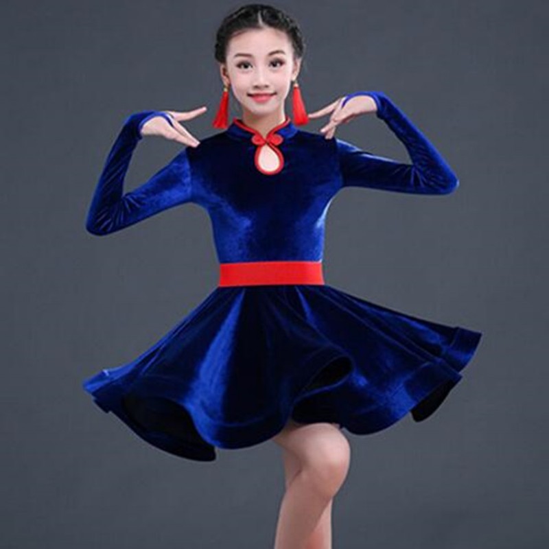 Kids ballroom dresses latin salsa rumba chacha competition stage performance velvet long sleeves dresses