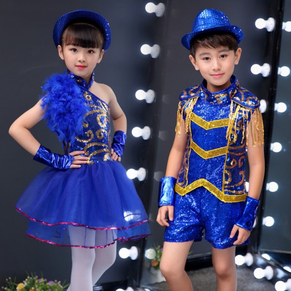 Children\'s silver royal blue sequined hip-hop jazz dance costumes
