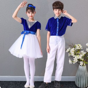 Kids children white with blue jazz dance costumes modern dance sequin jazz dance costumes school competition chorus stage performance outfits costumes