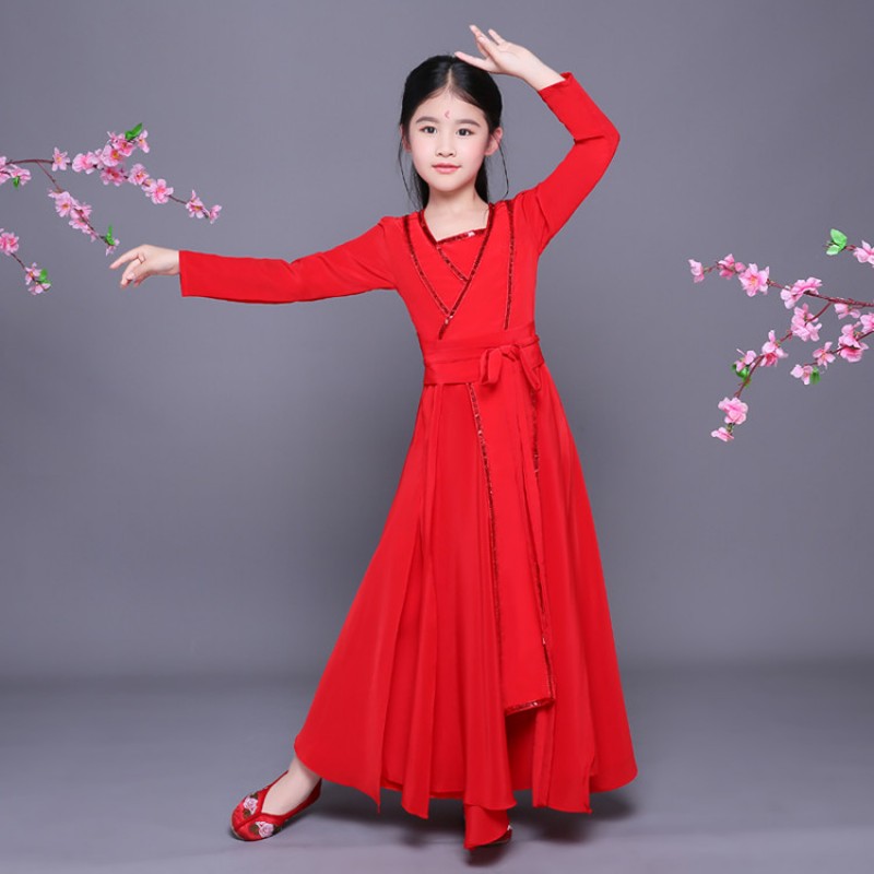 kids Hanfu chinese folk dance costumes red colored girls children kids fairy princess tang dynasty anime drama cosplay dress robes