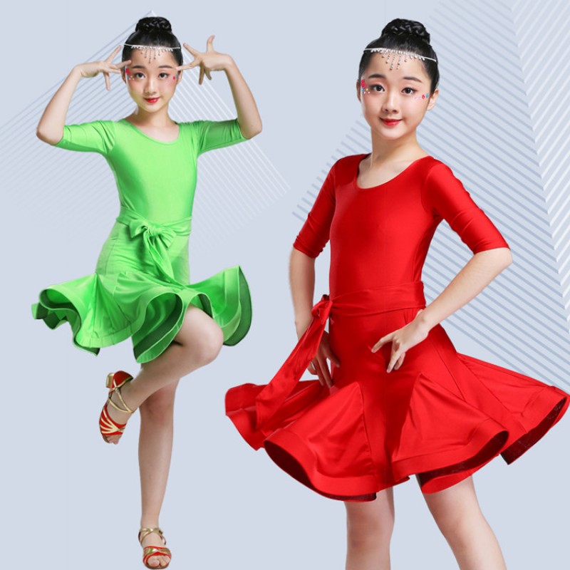 Kids latin dance dresses red green orange stage performance competition ...