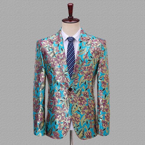  men blue gold jacquard jazz dance dress suit wedding emcee jazz dance singers host performance blazers coat for man stage outfit male singer character suit