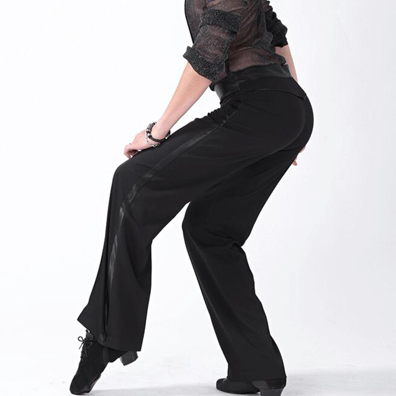 Men\'s black latin ballroom dance pants side with ribbon tango waltz  exercises competition performance dance trousers- Material : Not  stretchable fabric ( please according to wais
