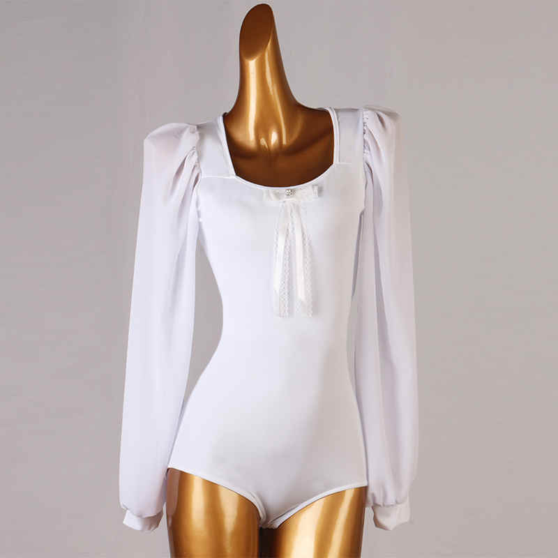 Puff sleeve Women girls Ballroom dance one-piece bodysuits white top ...