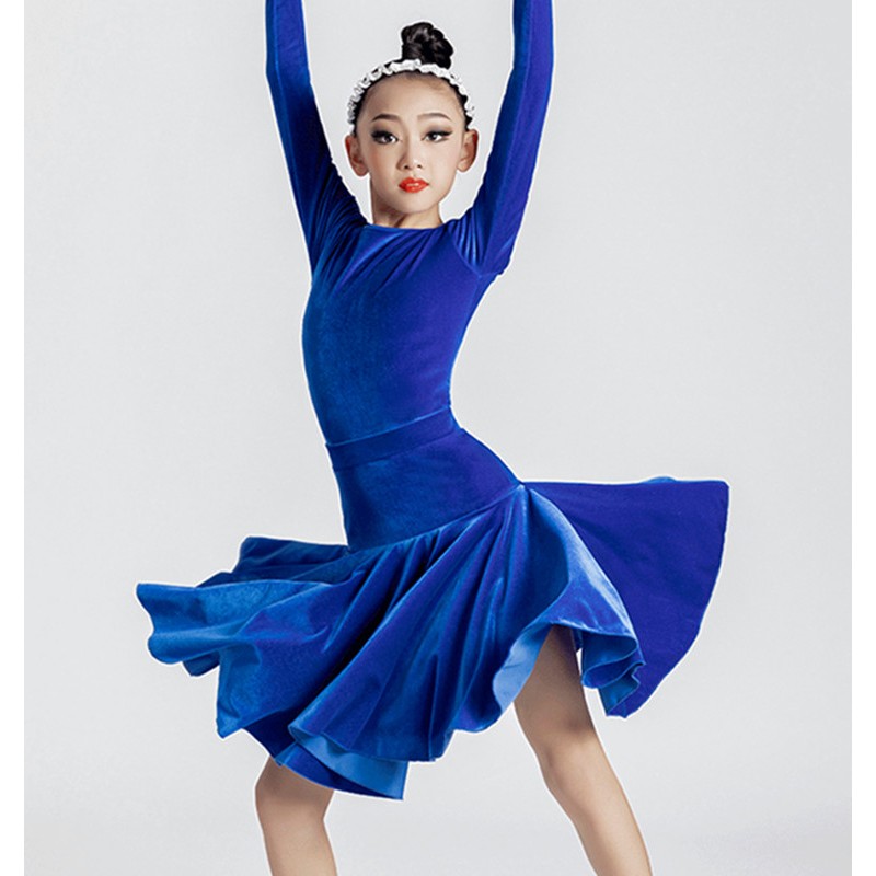 Royal blue Black Latin dance Dresses for Girls kids Children
