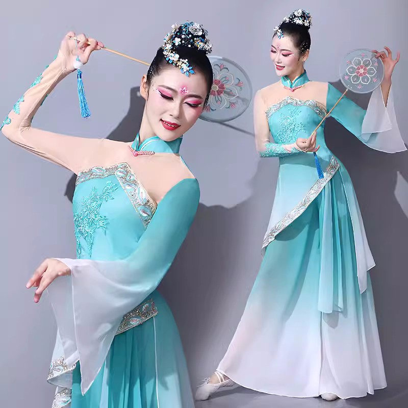 Turquoise green gradient Chinese folk Classical dance costumes for women girls chinese folk dance dress fairy hanfu art examination atmosphere fan umbrella dance wear