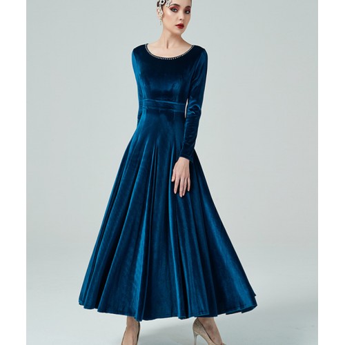 Royal blue velvet competition ballroom dance dresses with diamond for women  girls professional waltz tango long length dress for female