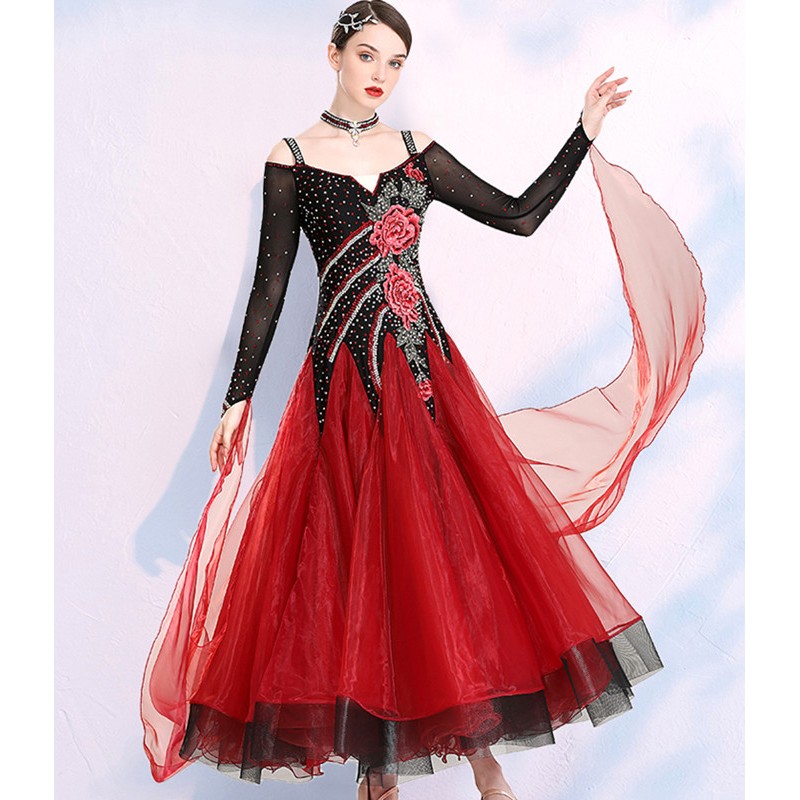 Wine with black diamond competition ballroom dance dresses for women ...