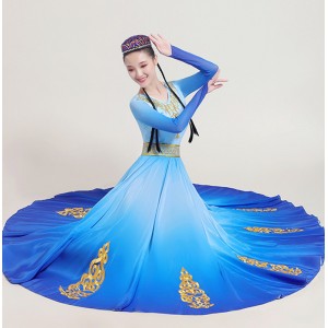 Women blue gradient color chinese folk dance dress Xinjiang dance big swing skirt Uyghur performance  costume practice folk dance costume opening dance dresses
