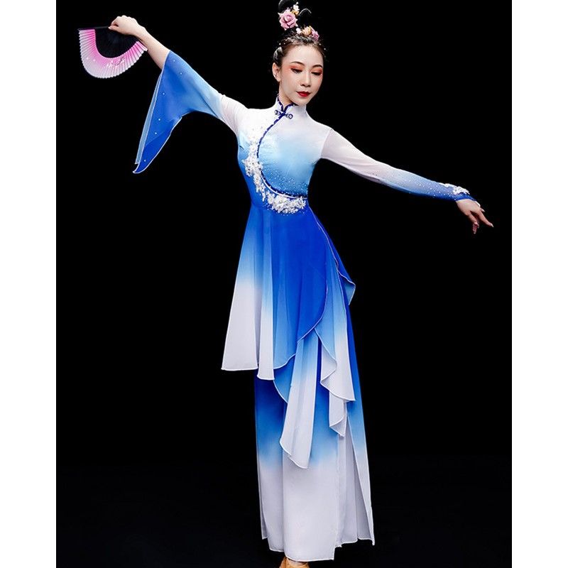 Women girls royal blue with white gradient Chinese folk dance dresses  ancient traditional classical fairy hanfu fan yangge umbrella dance  costumes for