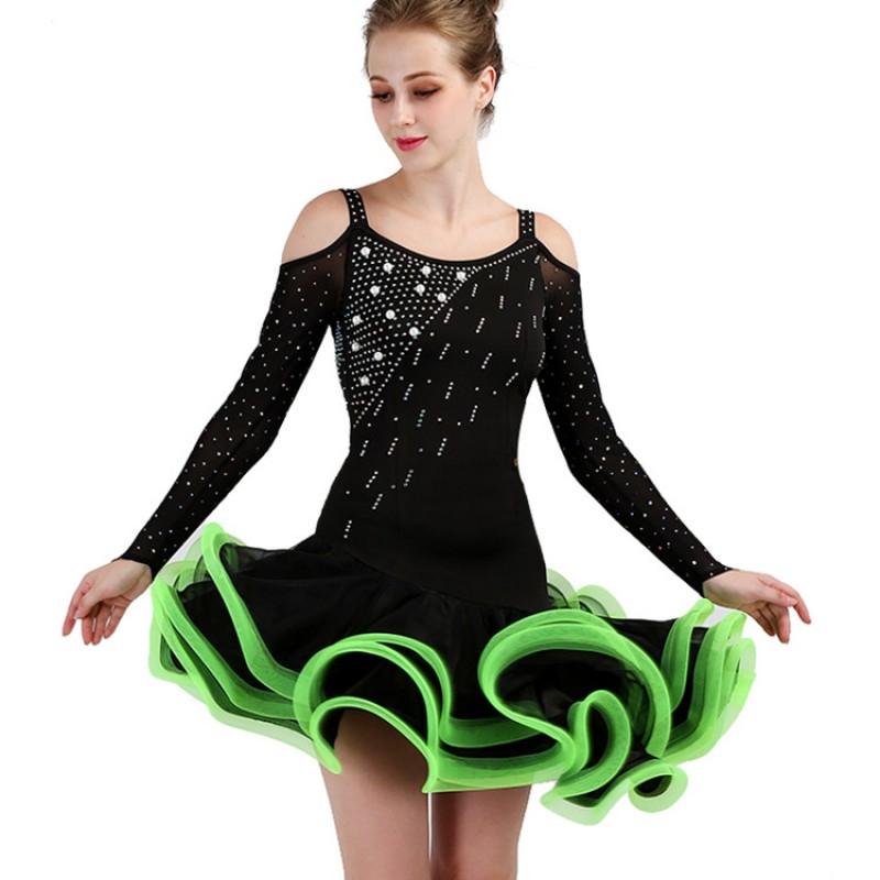 Women latin dress girls black with green diamond ruffles skirts competition stage performance professional rumba chacha dancing dress