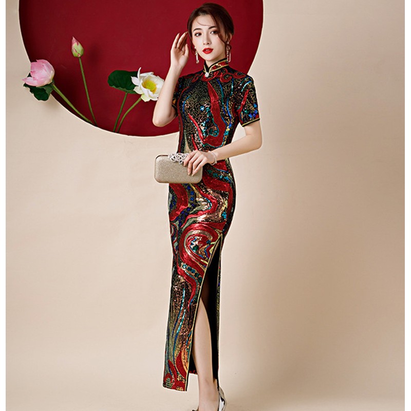 Women Rainbow Sequined Chinese dresses retro oriental Qipao dresses miss etiquette catwalk show cheongsam singers host stage performance evening party dresses