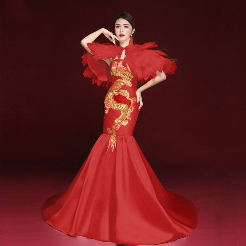 Women red chinese dresses Singers host miss etiquette performance dress red feather performance dress lady stage show cheongsam dresses