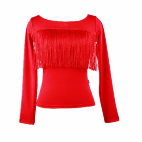 Women's  black red girls latin dance fringes tops shirts stage performance training pratice salsa rumba chacha dance tops