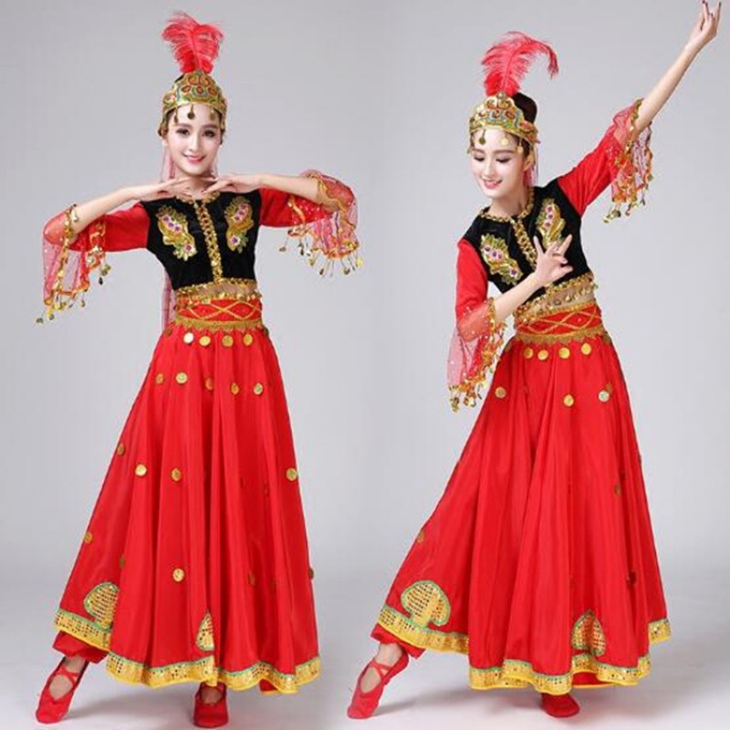 Women's chinese folk dance costumes ancient traditional belly xinjiang Uygur ethnic minority performance party cospaly dancing dresses