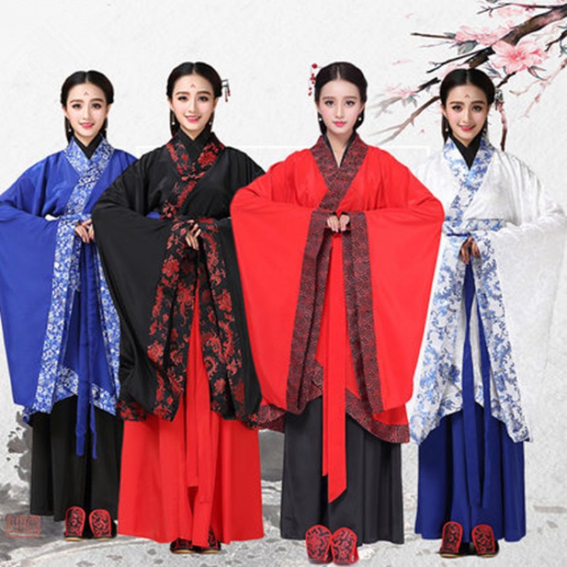 Women\'s Chinese folk dance costumes royal blue red white Hanfu ancient ...