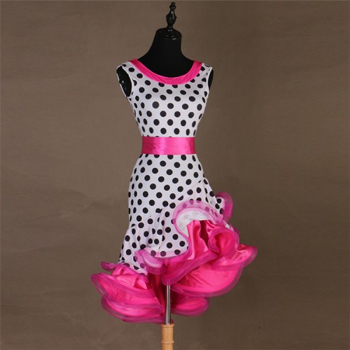 Women's girls red pink polka dot  latin dance dresses  comeptition stage performance salsa rumba chacha dance dresses