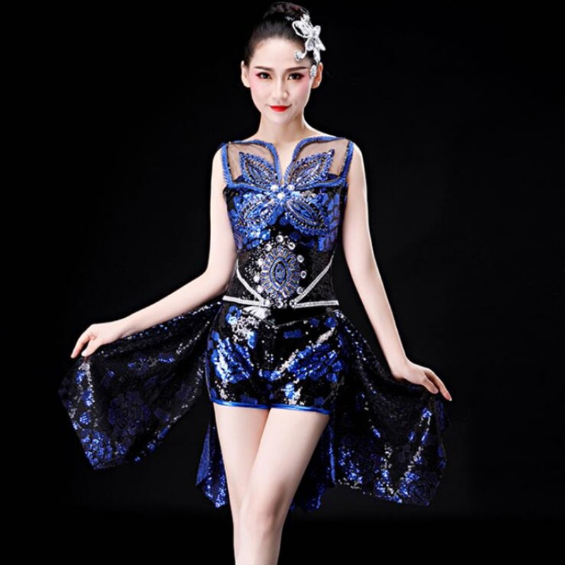 Women\'s jazz dance dresses for girls blue with black sequin modern ...