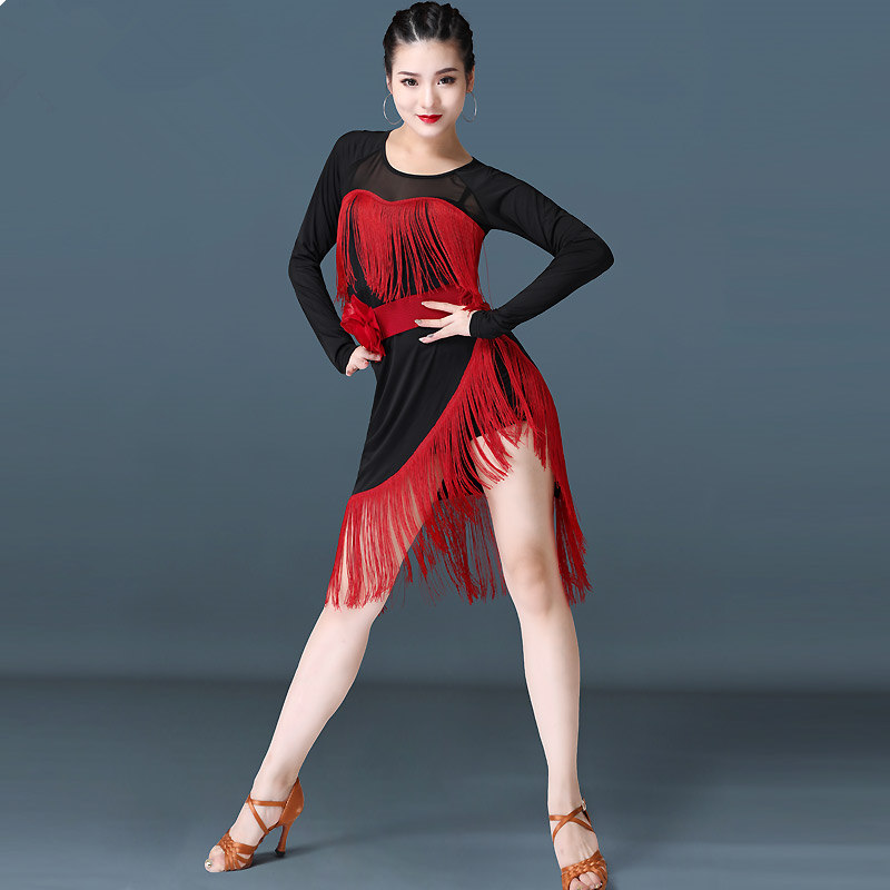 Women black red fringe latin dance dress modern Latin Dance