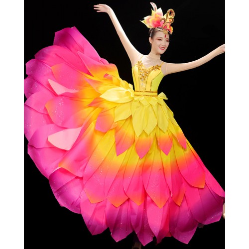 Yellow pink gradient colored petals flamenco dance dresses for women girls  opening dance spanish bull dance atmosphere petal long skirt for female