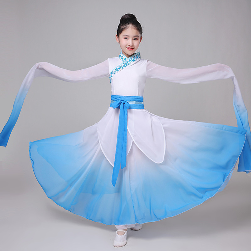 Ancient Traditional Chinese Kids Girls Pink Blue Hanfu Water Sleeves Fairy Dress Chinese Folk Dance Costumes Material Polyester Not Stretchable Fabric Content On